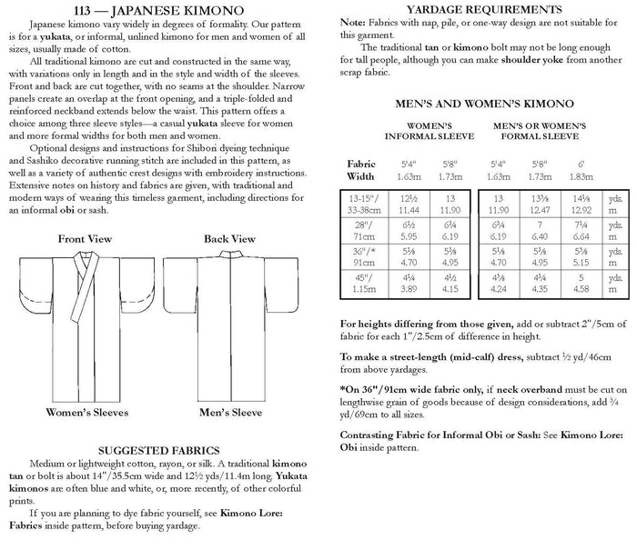 Photo of back cover showing yardage charts and size chart. Fabric suggestions are included.
