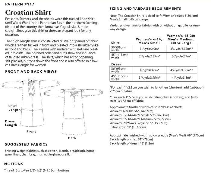 Photo of back cover of 117 Croatian Shirt. Shows all views, descriptions, size and yardage chart, and fabric suggestions.