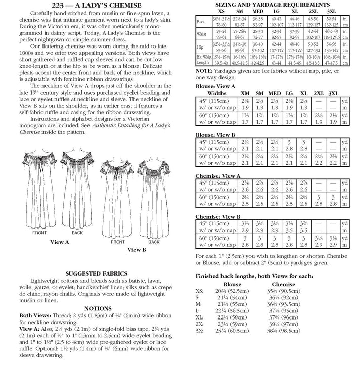 Photo of back cover shows size and yardage chart. Includes fabric suggestions and description.