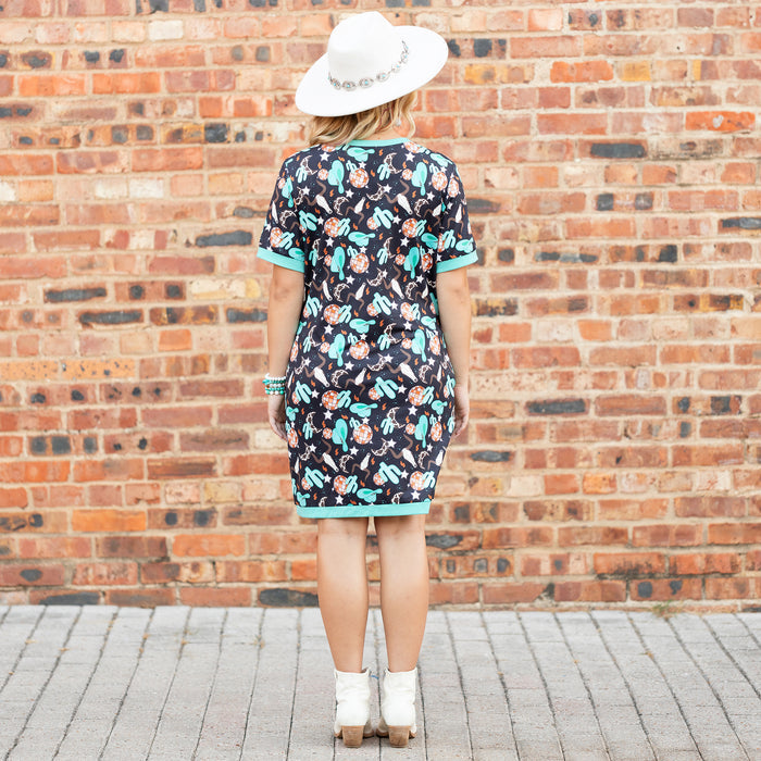 40049 - Western Cactus Print Dress with Pockets