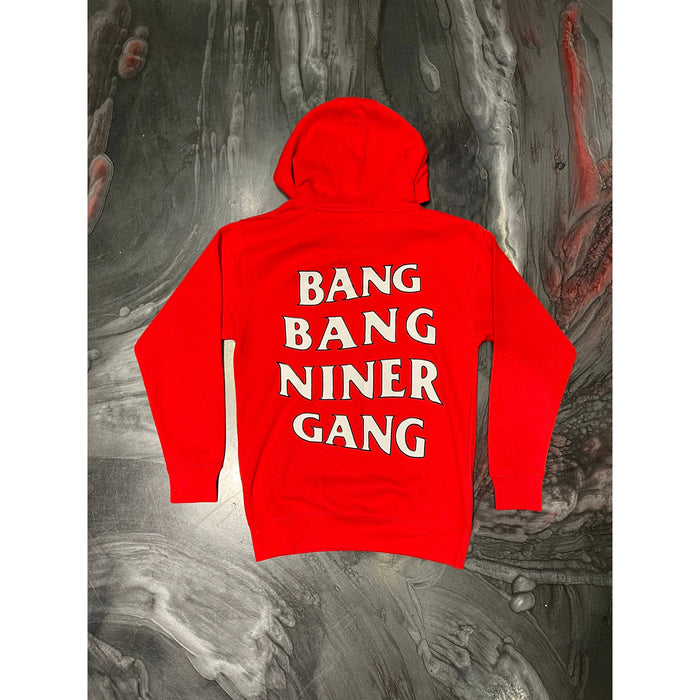 Back view of the comfortable and trendy Bang Bang Niner Gang Red Hoodie featuring bold team graphics and a cozy hood for chilly days