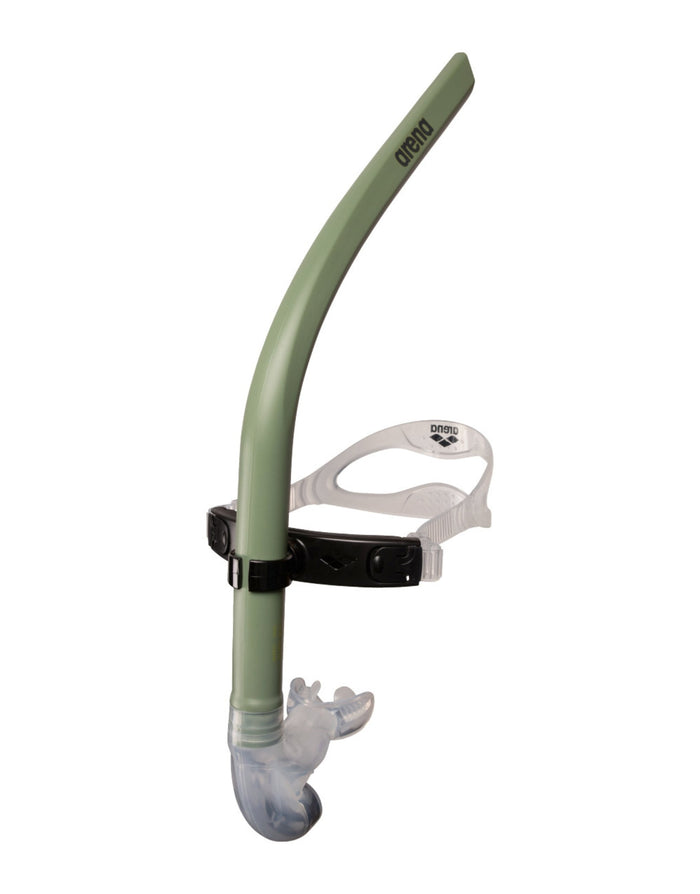 Green and white Arena Swim Snorkel III with black strap and curved tube