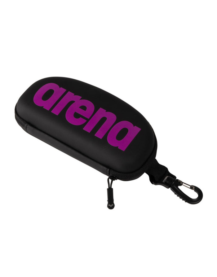 Arena black and purple goggle case with zipper and elastic strap inside