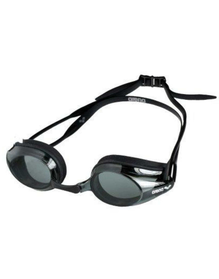 Arena Tracks smoke lens swim goggles with black silver adjustable strap