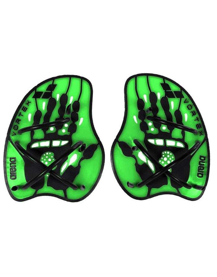Arena Vortex Evolution hand paddles in acid lime black with textured grip