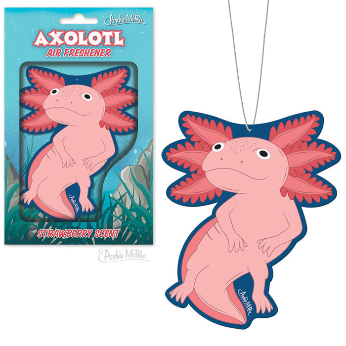 The Axolotl Air Freshener features an adorable pink design and a delightful strawberry fragrance, all beautifully packaged.