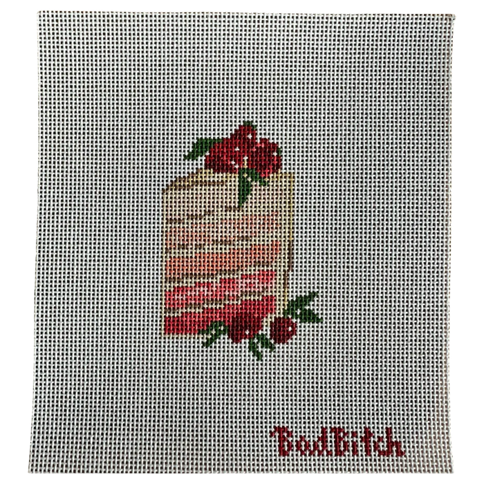 bad bitch needlepoint, strawberry cake needlepoint canvas, dessert needlepoint, food needlepoint design, 13 mesh canvas, 4x3 needlepoint project, sweet needlepoint canvas, collectible needlepoint series