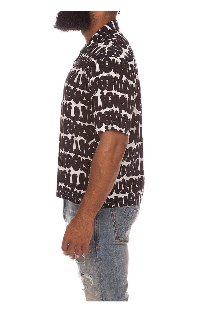 Front view of the Billionaire Boy's Club White BB Billi SS Woven shirt highlighting collar and woven pattern