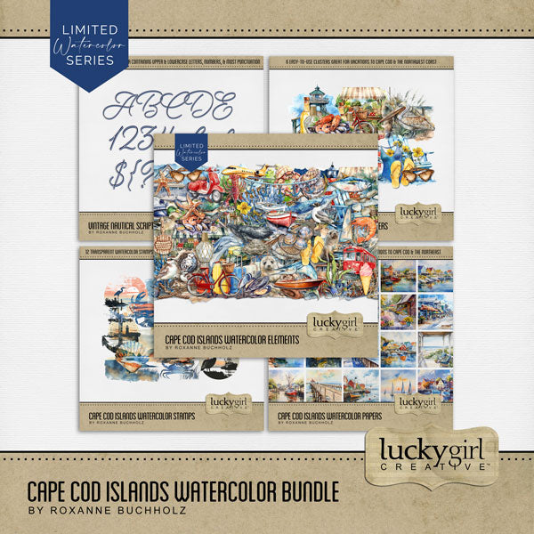 Add these beautiful watercolor nautical embellishments, papers, cluster embellishments, stamps, and alpha set by Lucky Girl Creative to all your digital scrapbooking pages. Great for Cape Cod, coastal Maine, New England, Rhode Island, Outer Banks, North Carolina, Massachusetts South Coast pages, Nantucket, Martha's Vineyard, and other beach and seaside locations. From whale watching and biking the coastal Cape Cod Rail Trail to historical museums and ocean dining, this collection has it all.