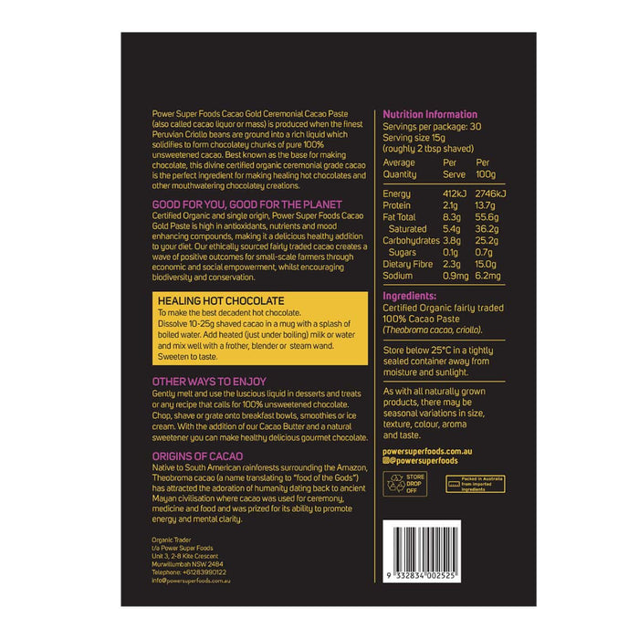 Back of a product packaging with text and nutrition information on a black background