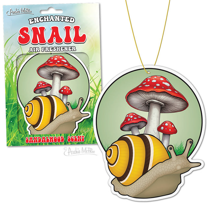 Transform your space into a tranquil oasis with the Enchanted Snail Air Freshener, featuring sandalwood fragrance. Its delightful packaging showcases an enchanting scene of a snail and red mushrooms, bringing the serene allure of a calm forest into your home. Ideal for adding an enchanting touch to any environment.