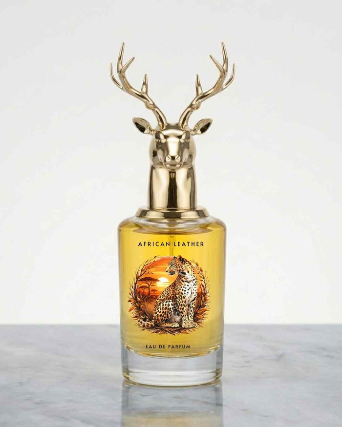 Leather spicy eau de parfum bottle with gold deer antler cap, amber glass