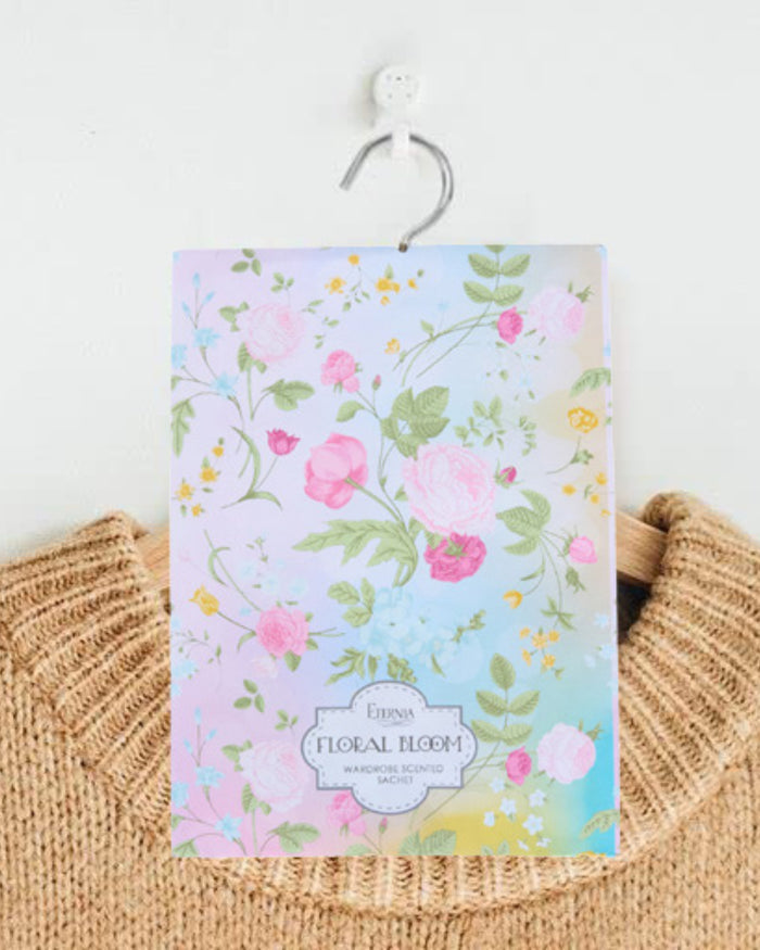Floral scented wardrobe fragrance sachet with hanging hook, pastel flower pattern