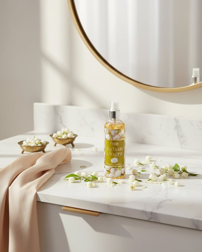 Indian Mogra room spray bottle on a marble vanity with scattered white blossoms.
