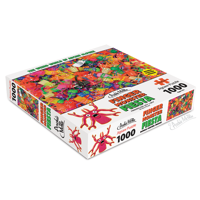 The Finger Monster Fiesta Puzzle is a classic 1000-piece puzzle featuring vibrant finger monsters on the cover.