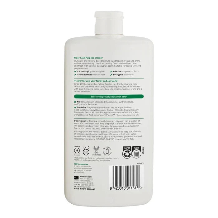 Back of floor & all purpose cleaner showing ingredients, directions for use & product benefits.