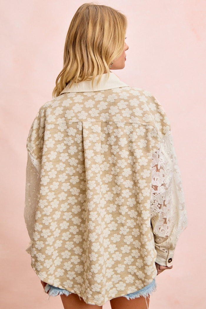 Floral Jacquard Knit With Lace Sleeves Shacket