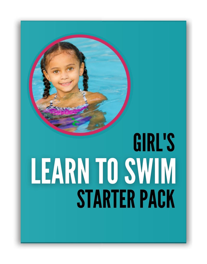 Girls Learn to Swim Starter Pack with pink white swimsuit on blue background