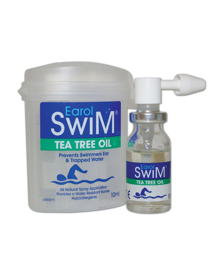 Earol Swim tea tree oil spray bottle with white nozzle and blue label
