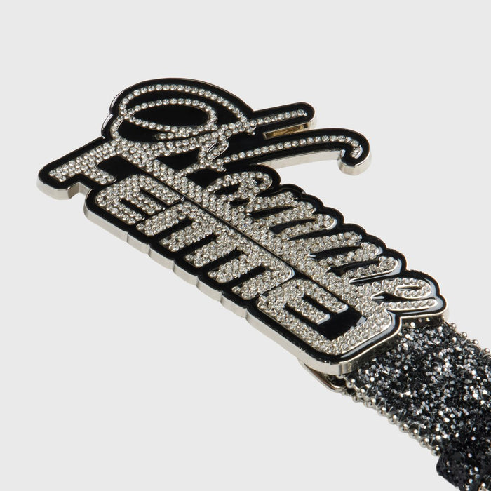 Signature Encrusted Black Belt featuring hand-set crystals, high-gloss finish, and layered metallic hardware