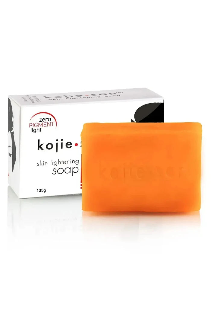 Side view of the Kojie San package showing authenticity marks for the original Skin Brightening Soap with high-grade Kojic Acid.