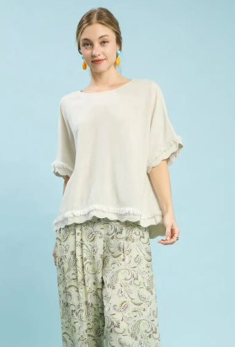 Linen Frayed Hem Scallop Edge Top