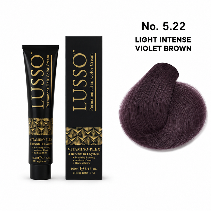 LUSSO Permanent Hair Colour Cream 100 ml No. 5.22 Light Intense Violet Brown with colour swatch