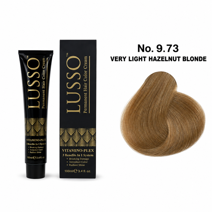 LUSSO Permanent Hair Colour Cream 100 ml No. 9.73 Very Light Hazelnut Blonde with colour swatch