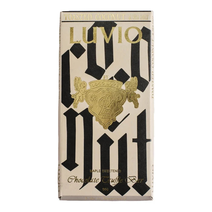 Luvio Toasted Coconut Sea Salt Chocolate Truffle Bar with cream, black & gold aesthetic packaging on a white background. aple sweetened & vegan chocolate.