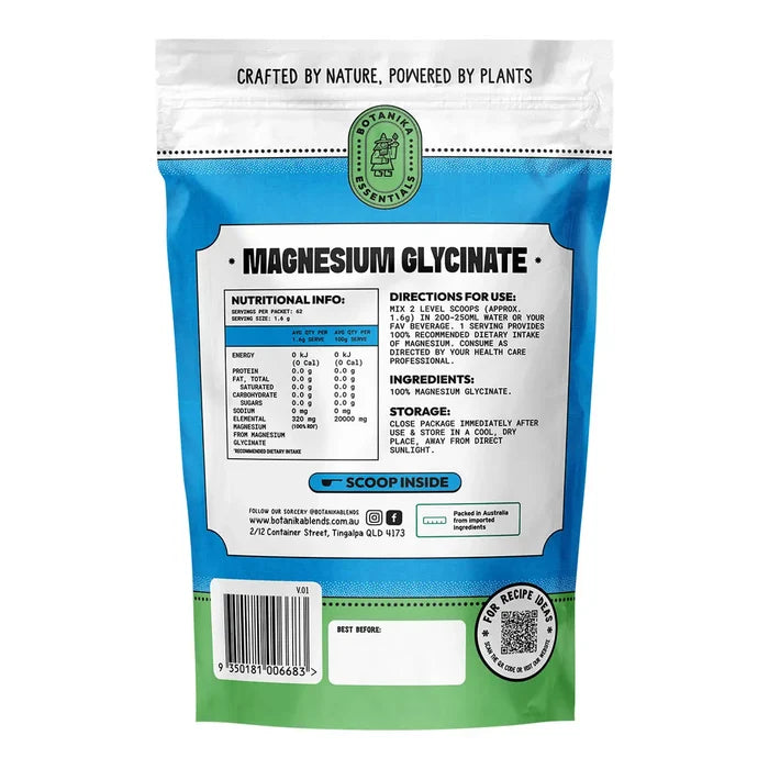 Package of magnesium glycinate with nutritional information and directions for use on a white background