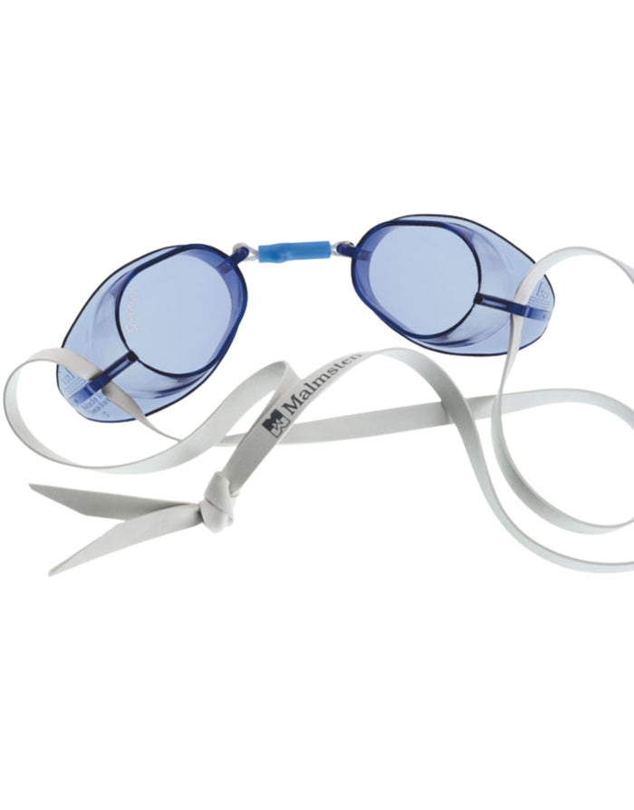 Malmsten blue and white low profile swim goggles for eye socket fit