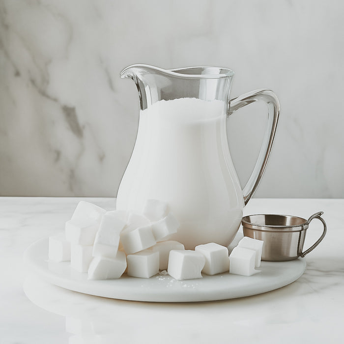 A glass jar filled with milk, on a marble surface, flanked by sugar cubes and a metal cup.