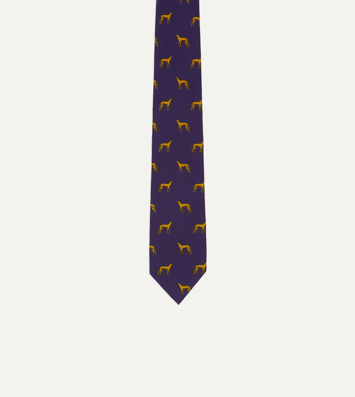 Navy and Yellow Dog Print Silk Tie