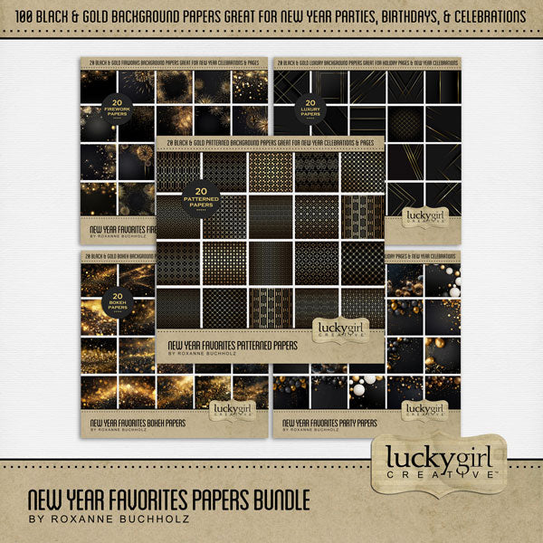 With elegant gold accents against black backgrounds, these digital scrapbooking papers by Lucky Girl Creative digital art are great for special occasions including New Year's, graduation, wedding, anniversary, black tie events, and more! This paper pack include 100 luxury, bokeh, fireworks, party, and patterned papers.