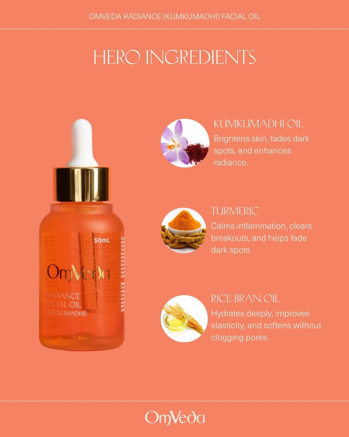 OmVeda Radiance Kumkumadi Facial Oil 50ml bottle with gold cap, with ingredient graphic.