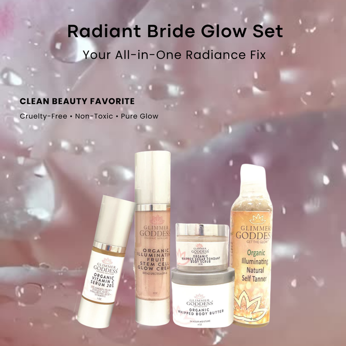Organic Bridal Glow Essentials gift set by Glimmer Goddess® Organic Skin Care, featuring wedding day skincare products for radiant brides.