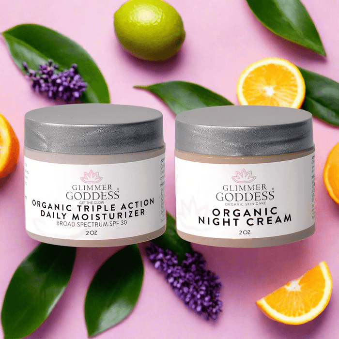 Organic Day & Night Duo by Glimmer Goddess featuring SPF 30 moisturizer and skin renewal night cream for radiant skin.