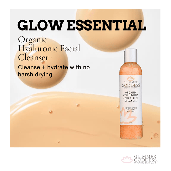 Glimmer Goddess Organic Hydrating Facial Cleanser with Jojoba Beads, 8 oz, featuring hyaluronic acid for gentle exfoliation and hydration