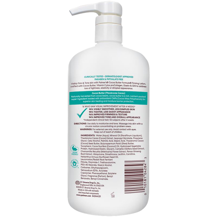 Palmer's Firms and Tones 1L bottle, back of product shot with ingredients
