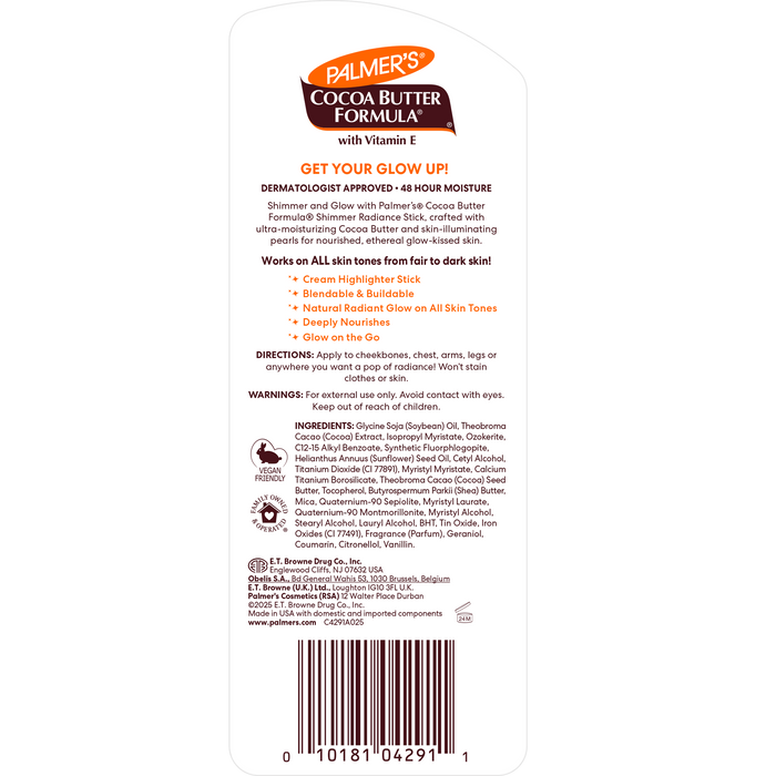 Back of a Palmer's Cocoa Butter Formula product packaging with text and branding.