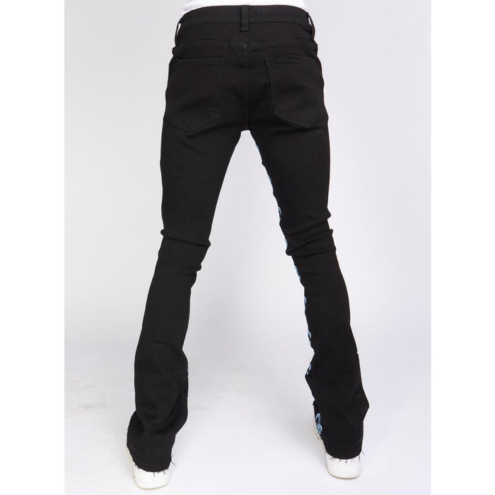 Black and blue Politics Jeans with stacked embroidery featuring the Barkley506 design