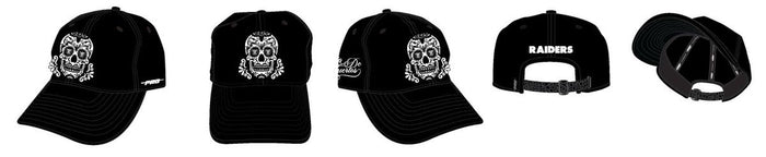 Black Pro Standard Las Vegas Raiders Sugar Skull Strapback Hat with intricate embroidered design and adjustable strap