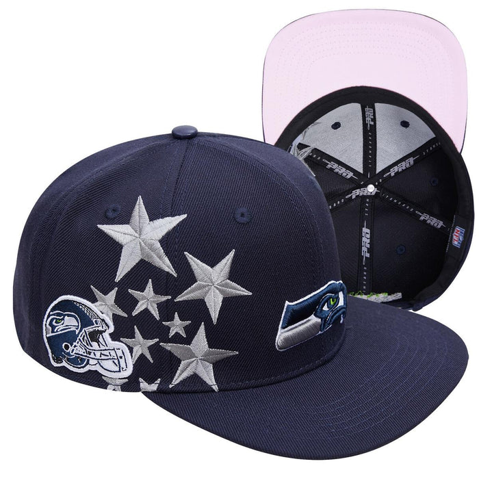 Seattle Seahawks navy blue baseball cap with pink undervisor and star design