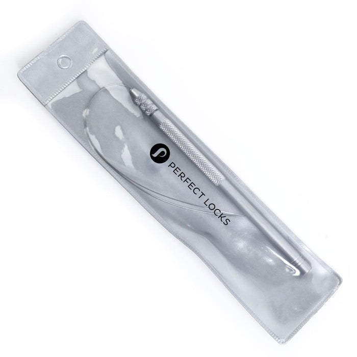A silver metal hair loop tool is presented in a clear plastic sleeve featuring the Perfect Locks logo and black text on the packaging.