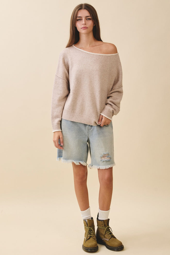 Relaxed Drop Shoulder Fuzzy Knit Pullover
