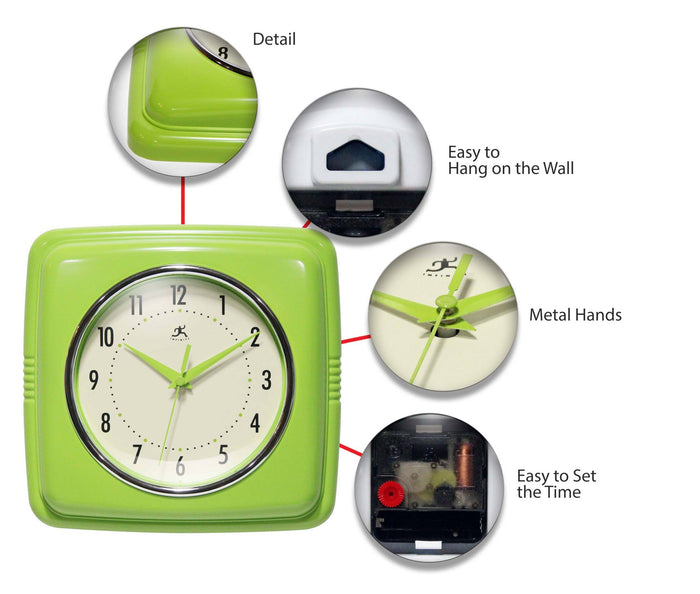 Retro Square Wall Clock in Lime Green