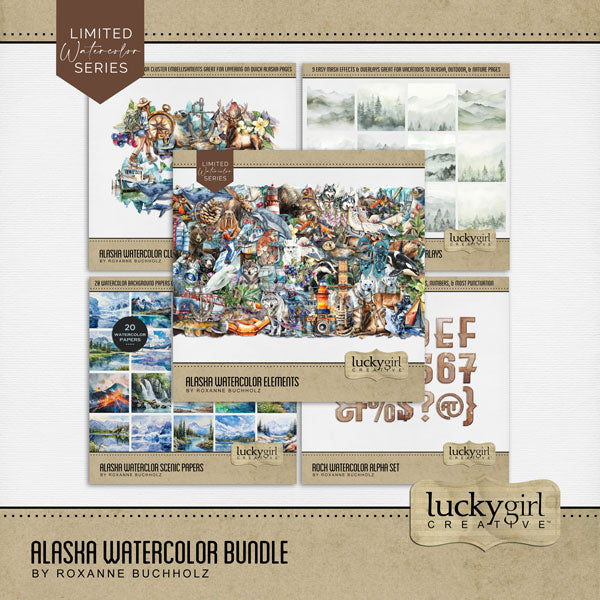 Adventure and explore Alaska with this beautiful watercolor bundle containing embellishments, scenic papers, easy-to-use clusters, overlays, and rock alpha set by Lucky Girl Creative digital art. Great for outdoors, nature, camping, vacations to Alaska, and holidays to Canada. Embellishments include badger, bear, beaver, clams, deer, reindeer, stag, elk, dog sled, Husky dog, dolphin, eagle, fish, bass, salmon, trout, fox, hawk, moose, mountain goat, musk ox, polar bear, sea otter, walrus, Beluga, whale.