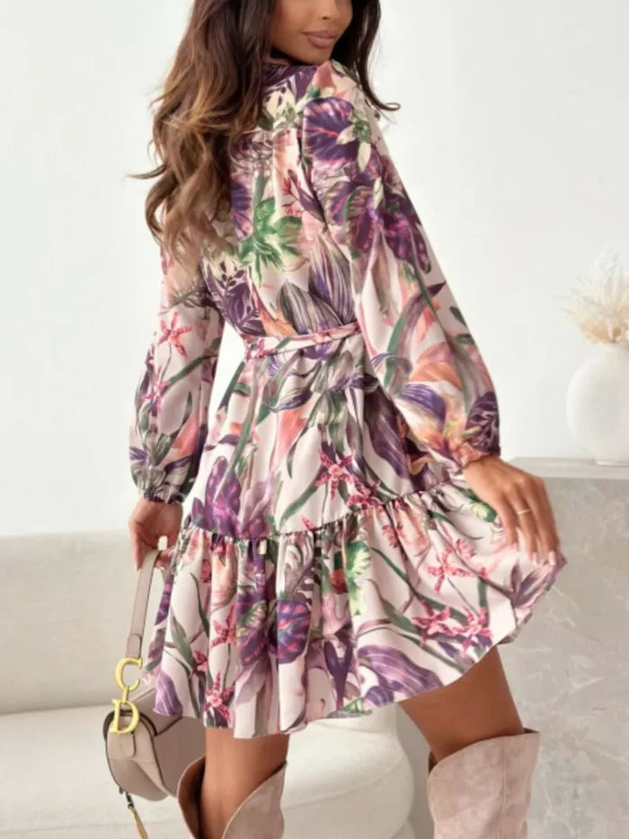 Ruffle Hem Floral Long Sleeve Dress - Coastal Elegance