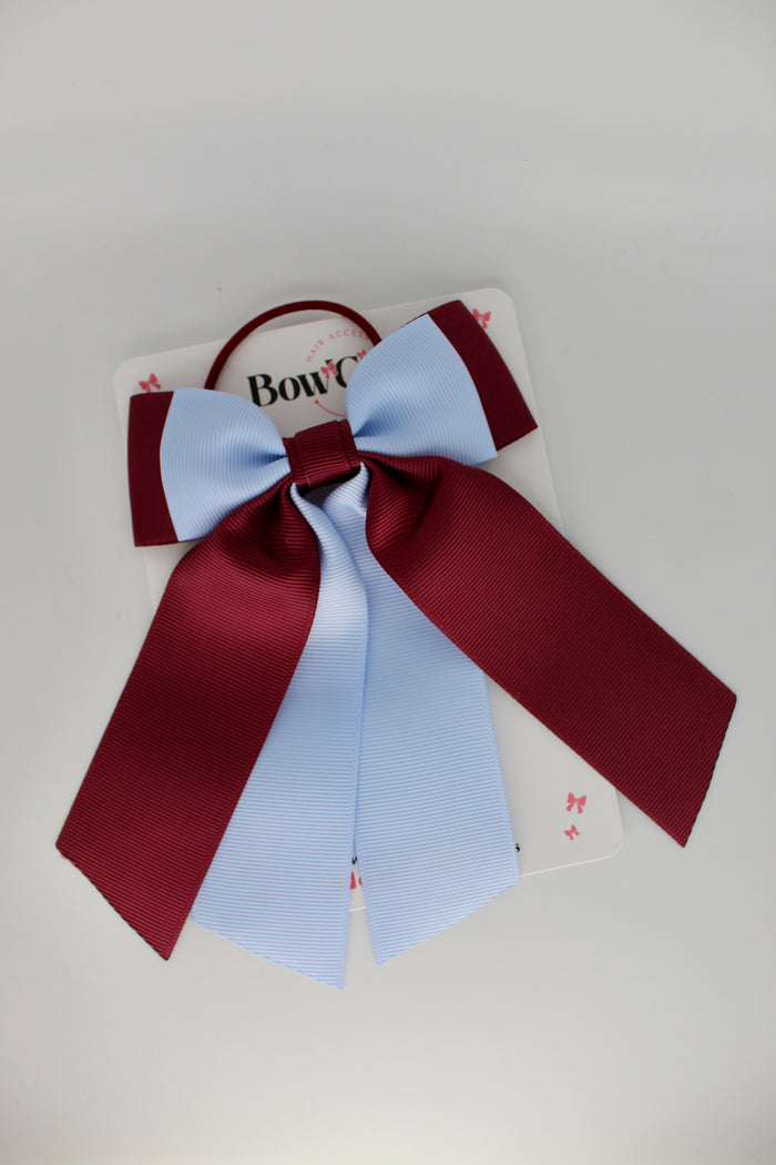 School Bow Burgundy and Bluebell - Double Layer Tail Bow – Elastic