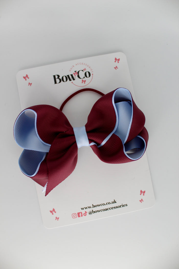 School Bow Burgundy and Bluebell - Loop Bow - Elastic